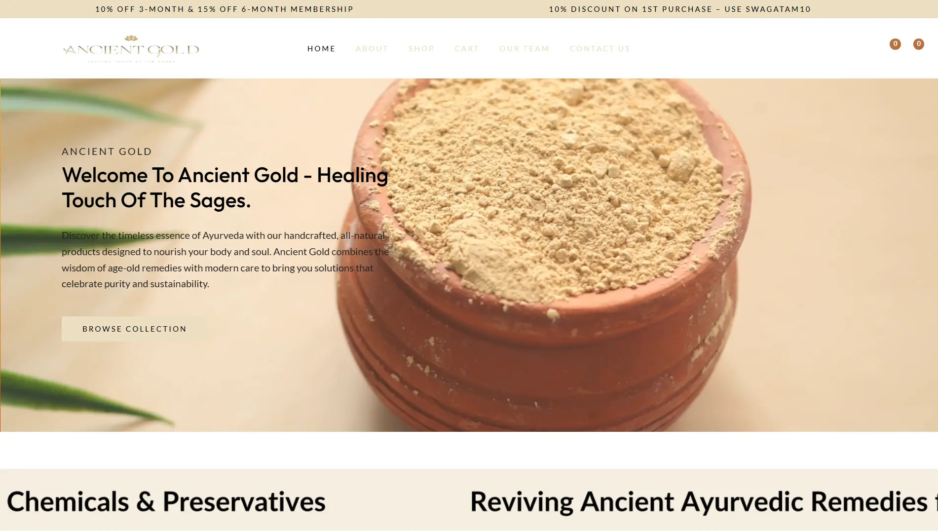 Ancient Gold website homepage built by Revirto