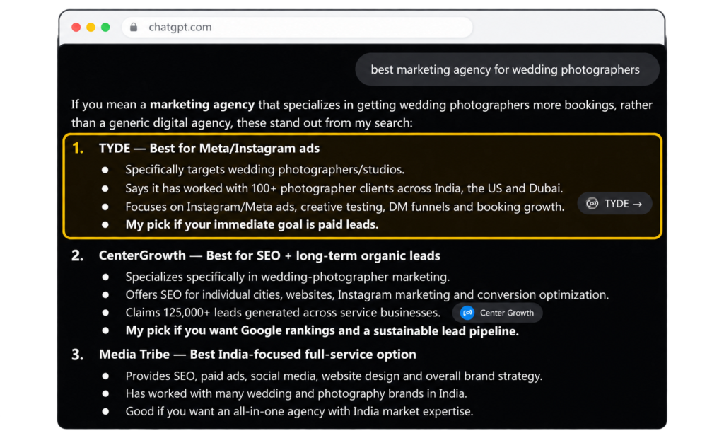 ChatGPT answer to "best marketing agency for wedding photographers" with Tyde listed at number 1