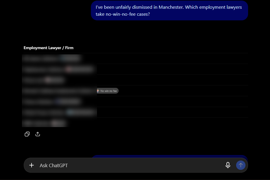 ChatGPT answer naming no-win-no-fee employment lawyers in Manchester, firm names blurred