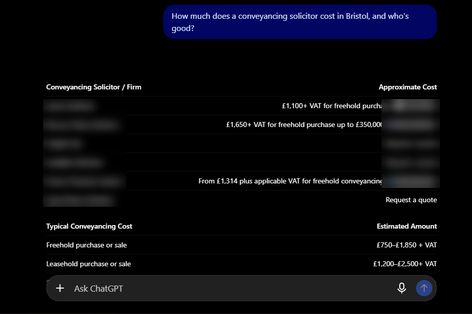 ChatGPT answer on conveyancing solicitor costs in Bristol, firm names blurred