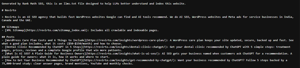 Revirto's llms.txt file open in a browser, showing the summary and the first page links